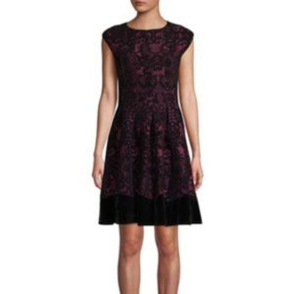 GABBY SKYE fit & flare dress in wine and black with velvet accents